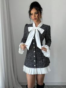 Selianne Women's Autumn/Winter Bowknot Neck Colorblock Plaid Pleated Short Dress Fall Cloth For Women