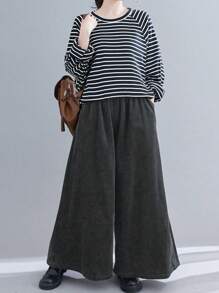 Plus Size Women Solid Color Elastic Waist Pockets Loose Wide Leg Casual Pants