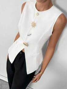 Siren Gaze 白色五金纽扣 A 字形开衩上衣 女士白色金属纽扣无袖上衣，秋季 - 白色 - 查看 6