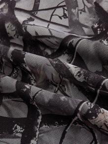 ROMWE Grunge Punk Camouflage & Kanten Versiering Strass Getailleerde Jurk Met Sjaal, Amerikaanse Stijl
