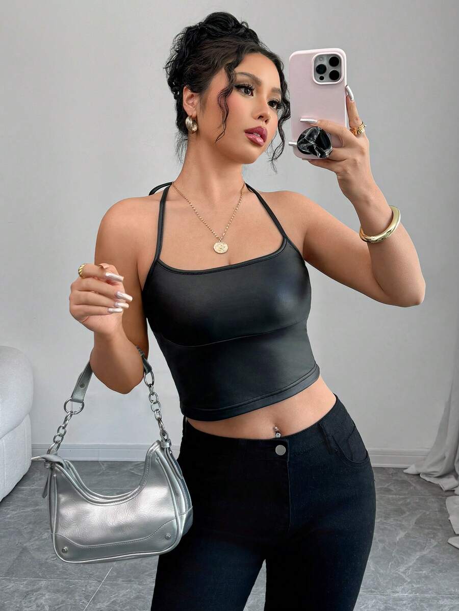 INAWLY 女士修身短款黑色挂脖式背心，夏季