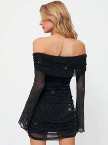 SHEIN EZwear Damska plisowana sukienka mini z siateczki z odkrytymi ramionami i brokatem, z długim rękawem