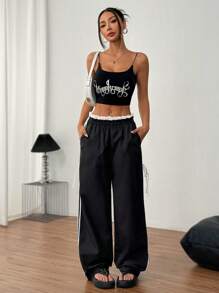 Chiquease Women's Bow Decor Black & White Contrast Color Ruffled Long Pants - Black - View 6