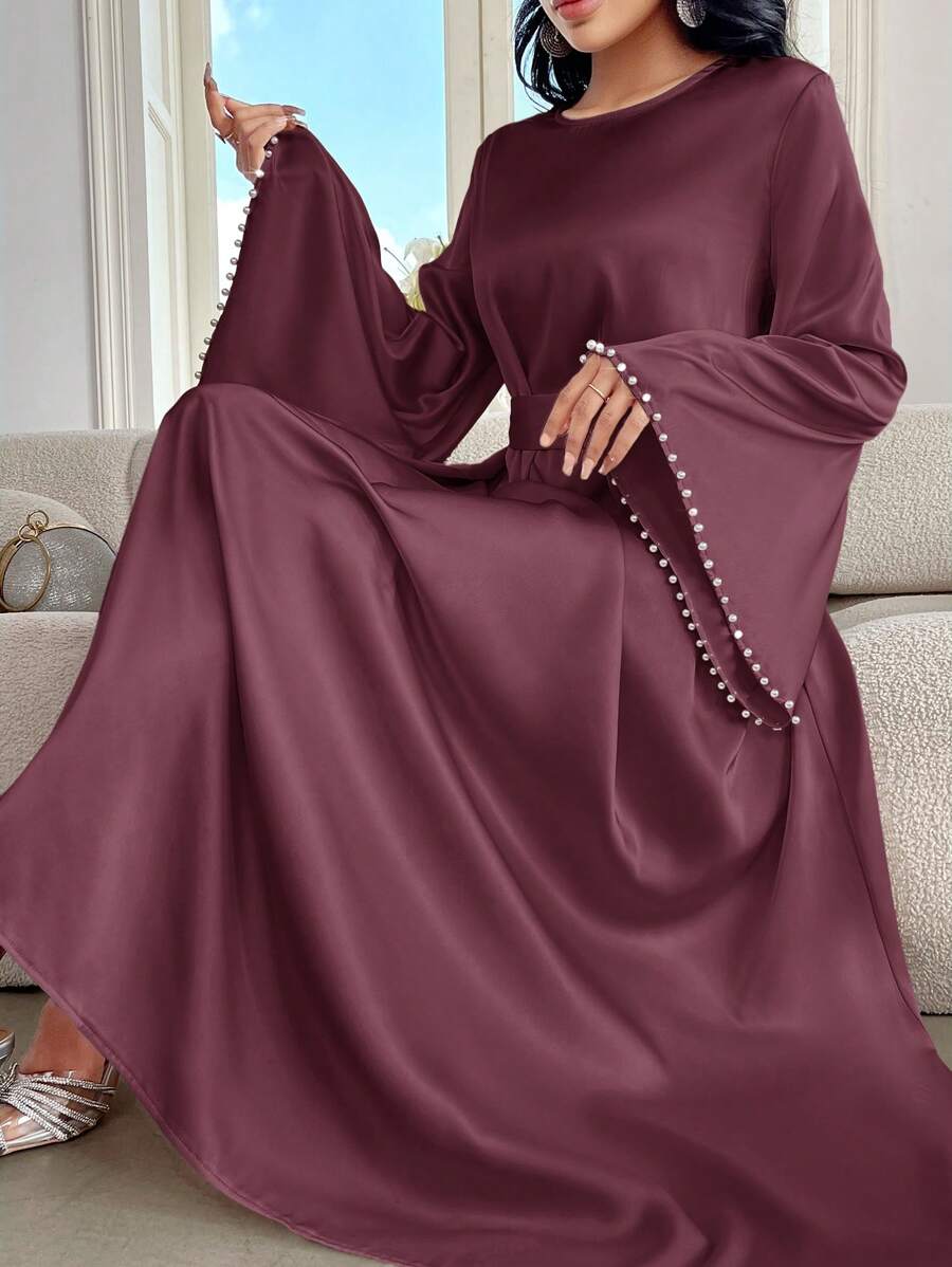 Al Najma 女士优雅纯色喇叭袖长裙，春/夏，朴素优雅的 A 字型阿拉伯连衣裙，适合晚会/婚宴/周年纪念/日常穿着