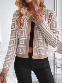 SHEIN LUNE Women Geometric Pattern Long Sleeve Cardigan, Single Breasted Fall Cloth For Women - Beige - View 6