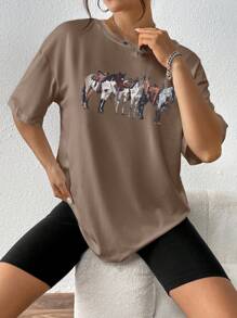 INAWLY 女士动物印花圆领短袖 T 恤图案 T 恤女式上衣 - 卡其色 - 查看 7