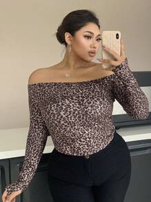 Dazy Petite Plus Plus Size Leopard Print Off Shoulder Fitted Long Sleeve T-Shirt, Sexy, Brown, Spring/Summer Cheetah Print Going Out Tops Women - Brown - View 5