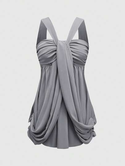 Vestido mini sexy de fiesta con estilo retro Y2K, diseño de cuello halter fruncido de gasa