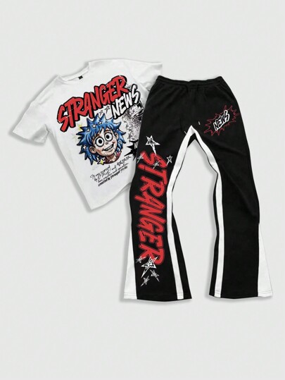 Street Life Cartoon Slogan Print Men's T-Shirt And Pants Set