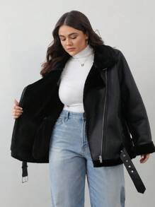 Aveloria Modichic 全新加厚加大码蓬松摩托车夹克加大码女式皮大衣，冬季 - 黑色 - 查看 7