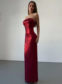 Aloruh Elegant Shimmery Strapless Maxi Party Dress, Wine Red Color