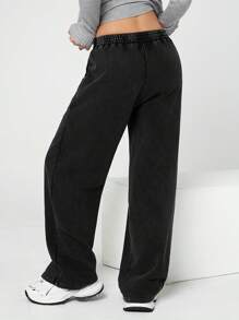 SHEIN EZwear Women's Drawstring Waist Straight Leg Loose Sweatpants, Washing And Distressing Process - Black - View 2