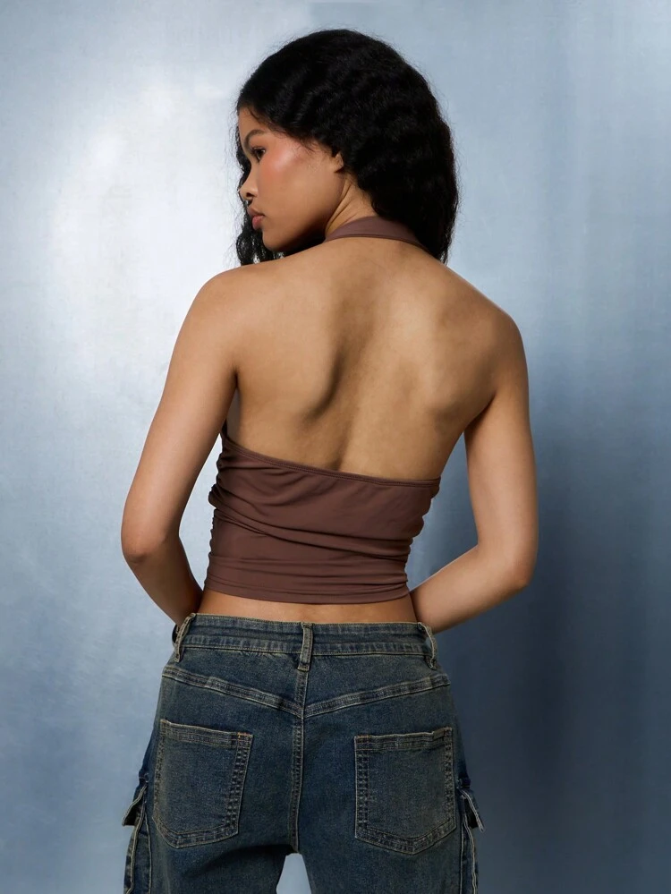 SUMWON WOMEN Street Ruched Cowl Halter Neck Top With Buckle Strap Detail