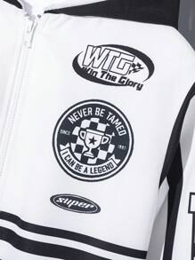 Tween Boy 徽章图案保暖内衬连帽夹克，适合冬季、旅行和上学 - 黑與白 - 查看 3