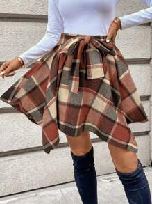 SHEIN LUNE 女士不对称下摆格子 A 字裙，休闲日常穿着 - 彩色 - 查看 3