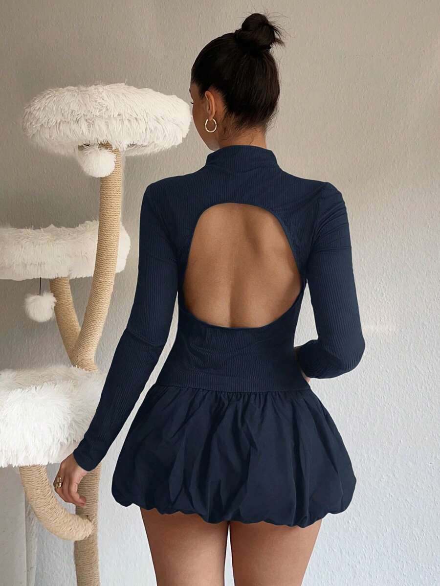 SHEIN EZwear Navy Blue Backless Floral Mini Dress For Women - Navy Blue - View 1