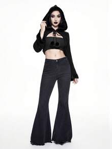 ROMWE Goth 女式深色哥特式风格破旧连帽轻质开衫 - 黑色 - 查看 4