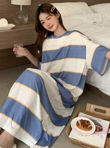 DAZY Casual Wide Striped Loose Short Sleeve Homewear Dress