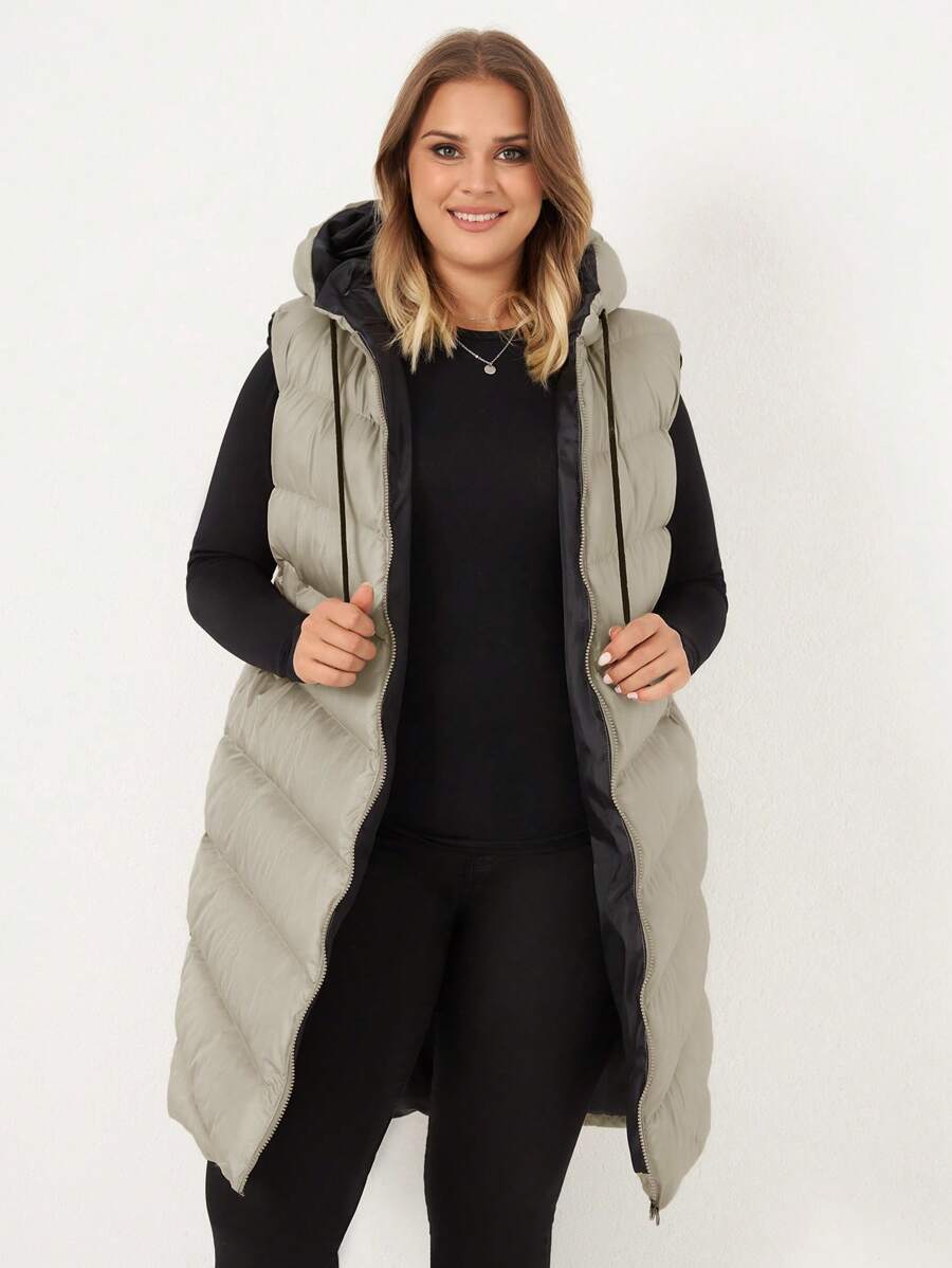 RueChic Plus Zip Up Drawstring Hooded Puffer Vest Coat - Camel - View 1