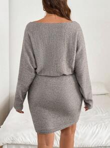 EMERY ROSE Plus Size Open Shoulder Long Sleeve Simple Short Sweater Dress, Casual Everyday Wear - Khaki - View 2