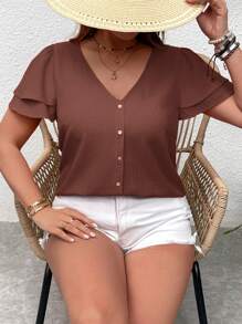 SHEIN VCAY 大码荷叶边 V 领短袖度假衬衫 - 棕色 - 查看 5