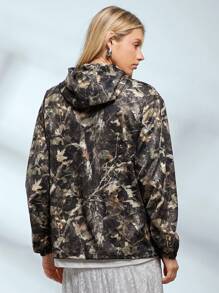 Easelle Chaqueta cortavientos casual de tejido con capucha con cordón y estampado botánico de otoño para mujer - Verde militar - Ver 2