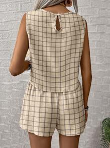 SHEIN LUNE Women's Plaid Print Round Neck Vest And Shorts 2pcs Casual Set