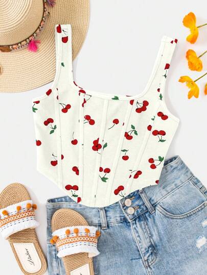KARISMINA Top ajustado de punto con estampado de cerezas, excelente para vacaciones