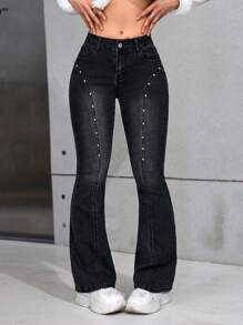SHEIN PETITE Jeans casuales de pierna acampanada con ajuste slim y efecto lavado de agua - Negro - Ver 4