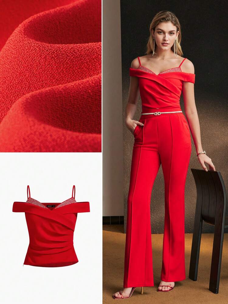 Damen Top mit Spaghettiträgern, rot, mit Strass-Verzierung
