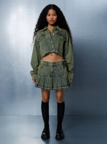 SUMWON WOMEN Distressed Denim Jacket Cropped Raw Hem Pleated Ruffle Bottom Grunge Style Fall Winter Outerwear Studded Collar Edgy Streetwear - Yellow - View 6