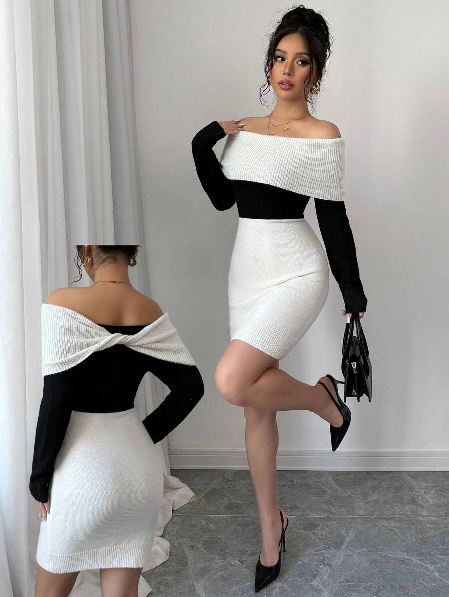 Chiquease 2024 Autumn/Winter Fashion Off-Shoulder Black And White Splice Fitted Knit Dress
