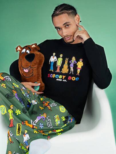 SCOOBY-DOO X SHEIN Men 2pcs/Set Cartoon Print Knit Black Long Sleeve Top And Long Pants Loungewear Set, Fall Winter Clothes