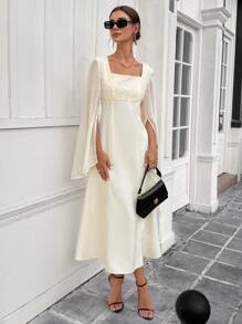 Calvaya Women's Solid Color Square Neck 3D Floral Decor Slit Long Sleeve Maxi Elegant Dress