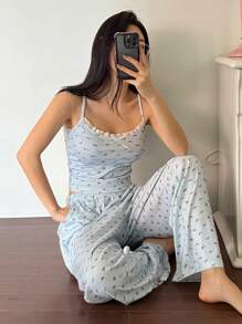 DAZY Butterfly Decor Ditsy Floral Lace Trim Cami Top And Straight Leg Pants Pajama Set