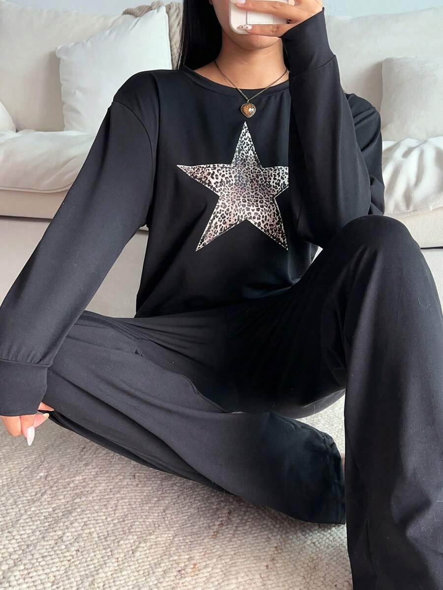 INAWLY 2pcs Leopard Print & Pentagram Graphic Casual Top Set For Women Fall Cloth For Women - Black - View 1