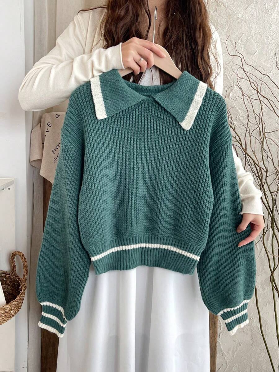 Tween Girls Casual Two-Tone Ruffled Lantern Sleeve Sweater, Autumn/Winter - Green - View 1