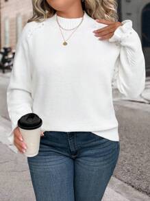 SHEIN Unity Plus Size High Collar Knitted Pearl Decor Elegant Loose Flounce Hem Long Sleeve Sweater Fall Winter