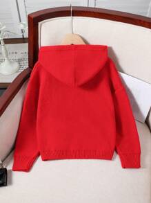 SHEIN Moda para meninas pré-adolescentes, suéter com capuz solto vermelho com laço 3D preto e padrão de linha, outono/inverno
