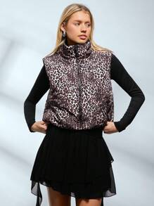SHEIN EZwear 女士豹纹立领无袖保暖背心外套秋冬季 - 棕色 - 查看 1