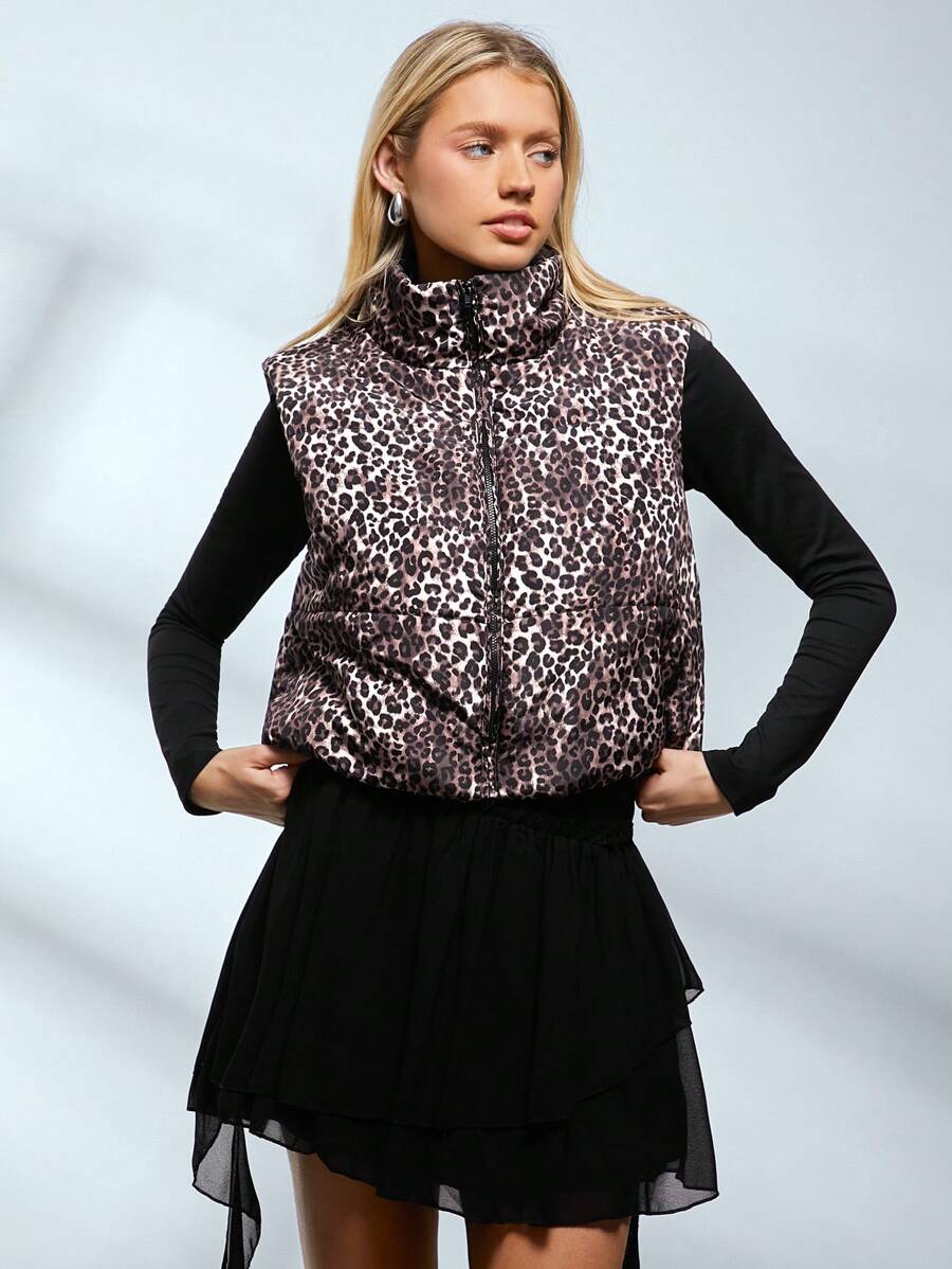 SHEIN EZwear 女士豹纹立领无袖保暖背心外套秋冬季 - 棕色 - 查看 1