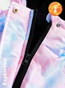 SHEIN 2st/set Tie-Dye Mönster Huva långärmad jacka och haklappsbyxor Isolerad skiddräkt för tonårsflickor - Rosa - Visa 11