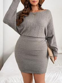 EMERY ROSE Plus Size Open Shoulder Long Sleeve Simple Short Sweater Dress, Casual Everyday Wear - Khaki - View 5