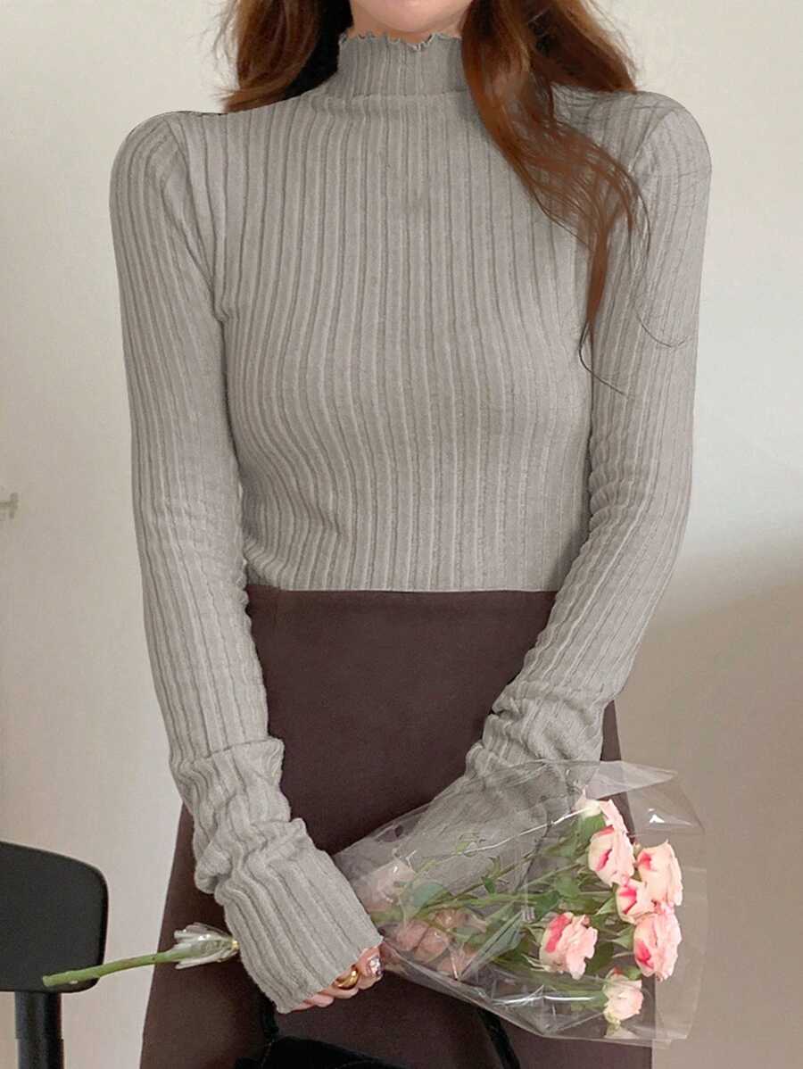 DAZY 女士纯色立领长袖休闲罗纹T恤，秋季女装 - 灰色 - 查看 1