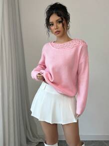 SHEIN Unity Women's Heart Design Lace Patchwork Loose Sweater Knit Pullover Fall Winter - Pink - View 3