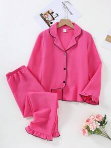 2pcs/Set Girls' Pink Casual Open Front Ruffle Trim Collar Knit Loungewear Set - Hot Pink - View 3