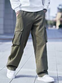 Manfinity Homme 男士简约口袋设计宽松牛仔裤，休闲日常穿着 - 軍綠色 - 查看 8