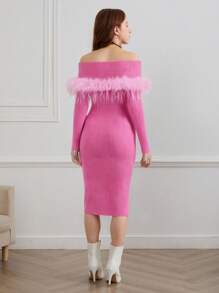 SHEIN Teen Girls Long Pink Off Shoulder Fuzzy Patchwork Sweater Dress For Teen Girls