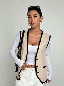 Lunelith SHEIN Lunessa Parte superior informal con botones en el frente, sin mangas, con bolsillo y ribete de contraste, para uso diario