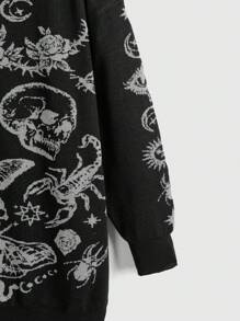 ROMWE Goth 大码女式哥特式花卉骷髅图案提花针织圆领套头衫 - 黑色 - 查看 4